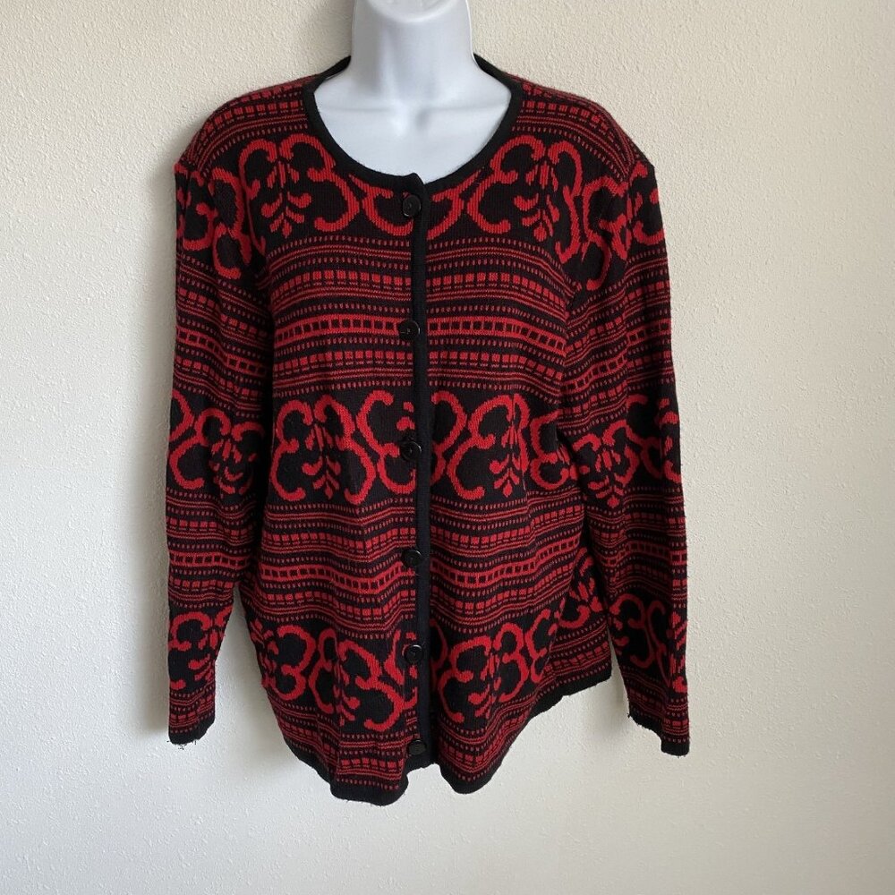 Donna Ricco Womens 16W Sweater Button Up Red Black Stripes Squares